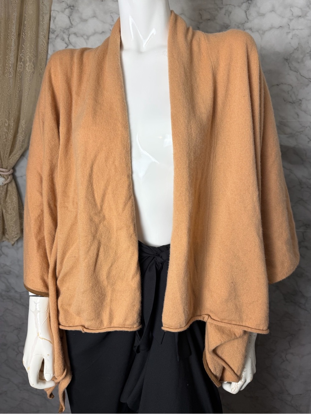 Cashmere Merino Wool Blend Camel Button Wrap Poncho One Size Ruana Style